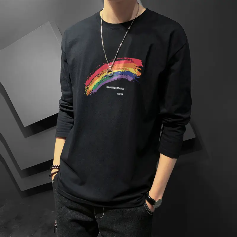 Men Printed Long Sleeve T-Shirt Black Korean Style - Image 11