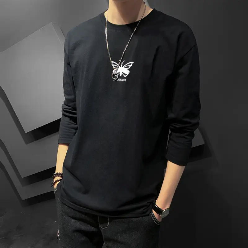Men Printed Long Sleeve T-Shirt Black Korean Style - Image 13