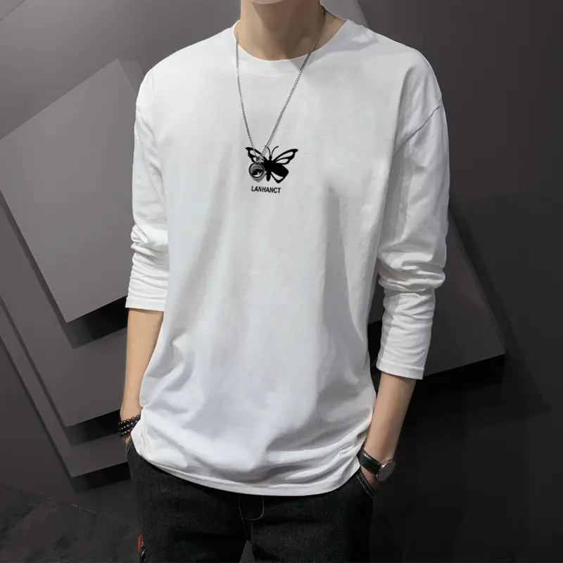Men Printed Long Sleeve T-Shirt Black Korean Style - Image 14
