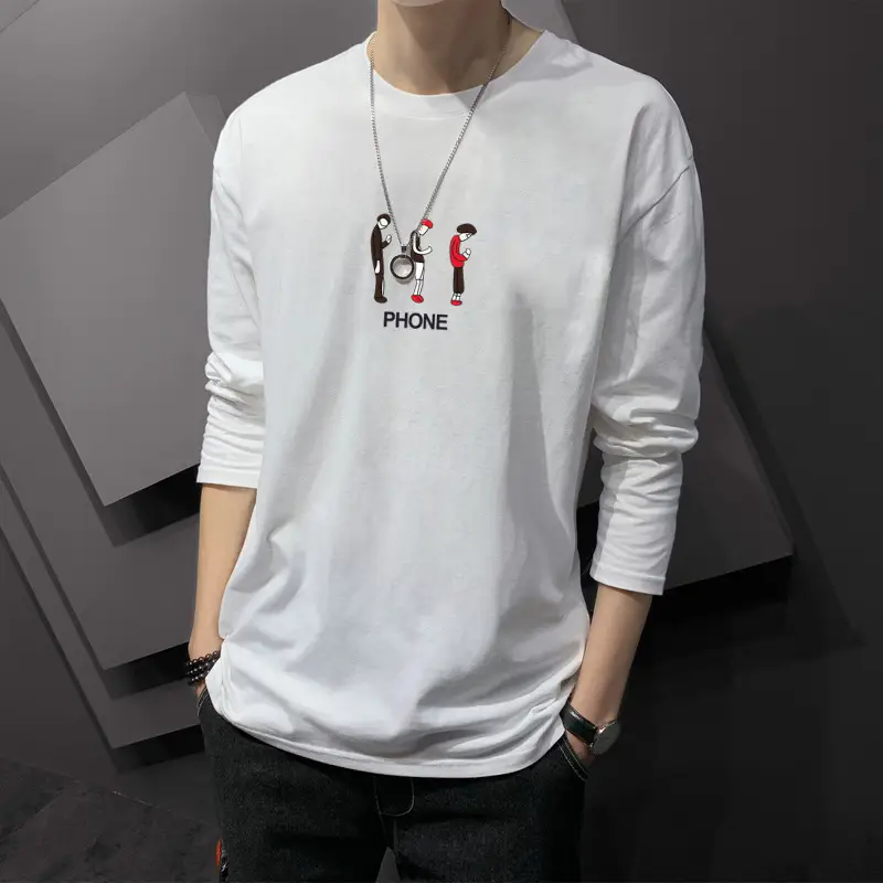 Men Printed Long Sleeve T-Shirt Black Korean Style - Image 16