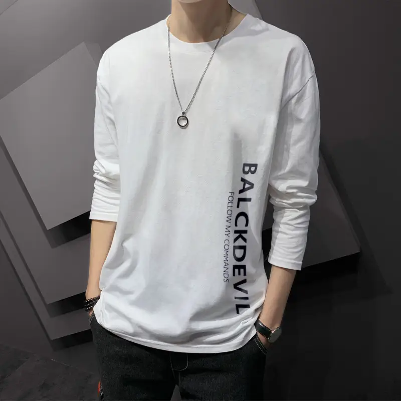 Men Printed Long Sleeve T-Shirt Black Korean Style - Image 2