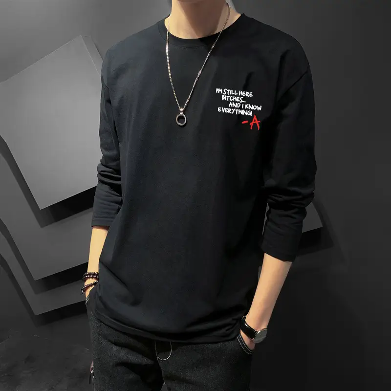 Men Printed Long Sleeve T-Shirt Black Korean Style - Image 3