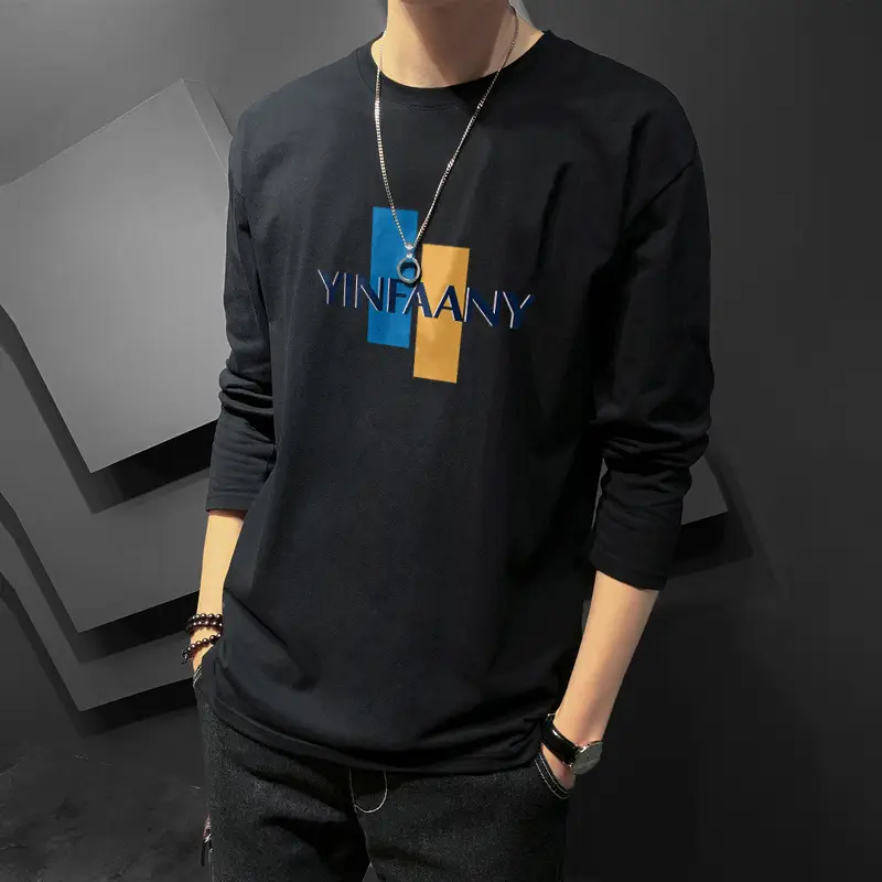 Men Printed Long Sleeve T-Shirt Black Korean Style - Image 5