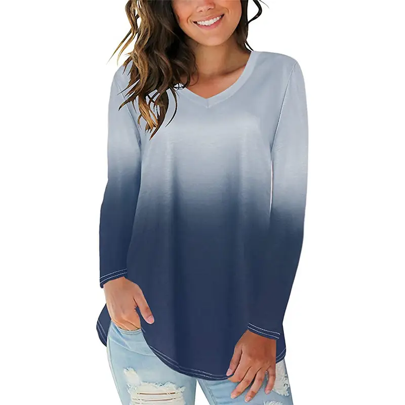 Women V-neck Long Sleeve Gradient T-Shirt Green - Image 8