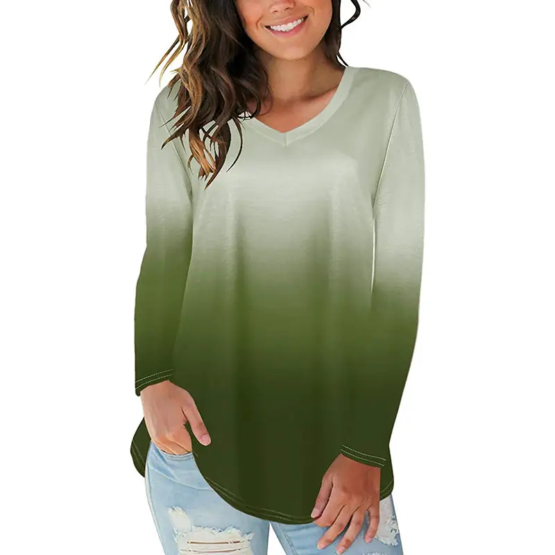 Women V-neck Long Sleeve Gradient T-Shirt Green - Image 3