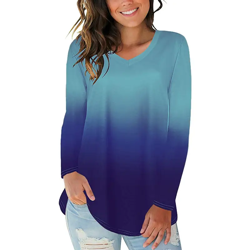 Women V-neck Long Sleeve Gradient T-Shirt Green - Image 4