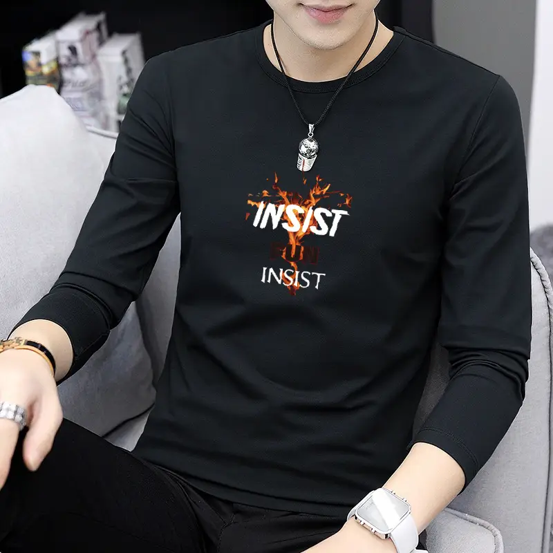 Men Printed Long Sleeve T-Shirt Black Graphic Spring Autumn - Image 7