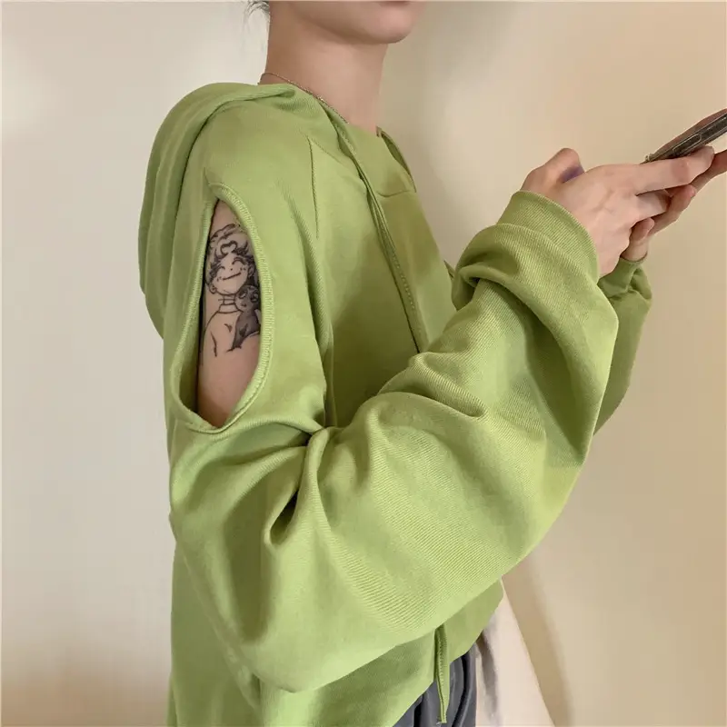 Off-Shoulder Long Sleeve Hooded Sweatshirt Women Grey