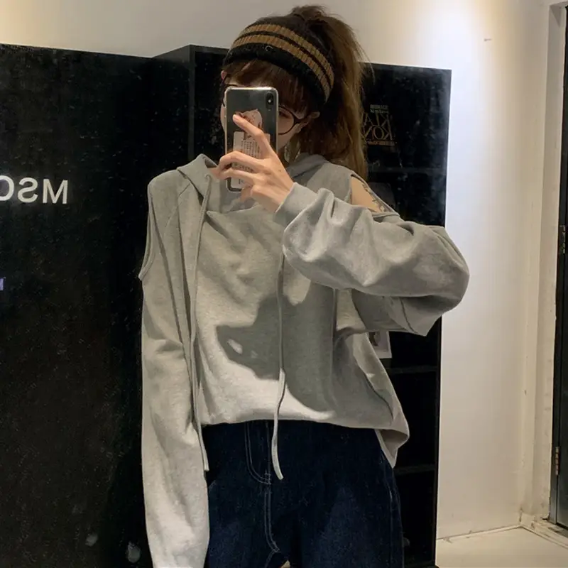 Off-Shoulder Long Sleeve Hooded Sweatshirt Women Grey