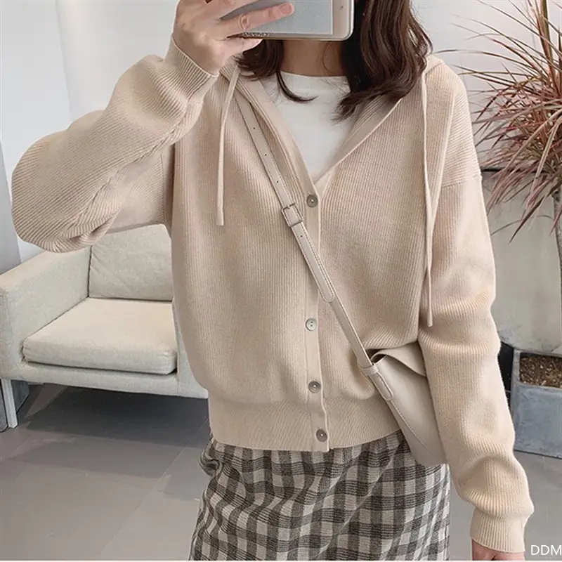 Women's Brown Knitted Hooded Cardigan Coat 2022 Autumn - Image 9