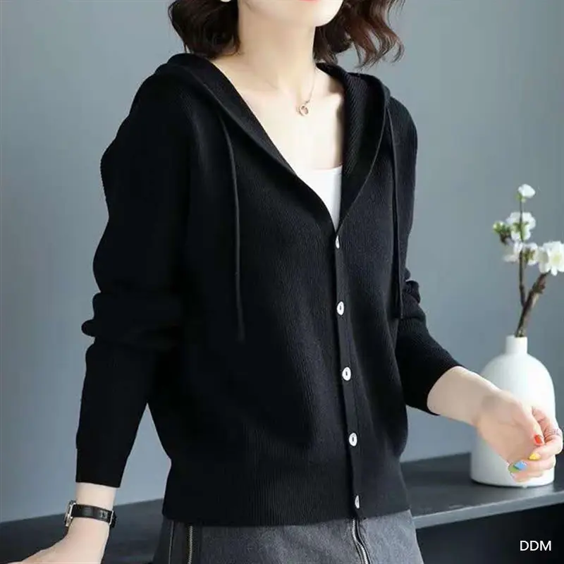 Women's Brown Knitted Hooded Cardigan Coat 2022 Autumn - Image 3