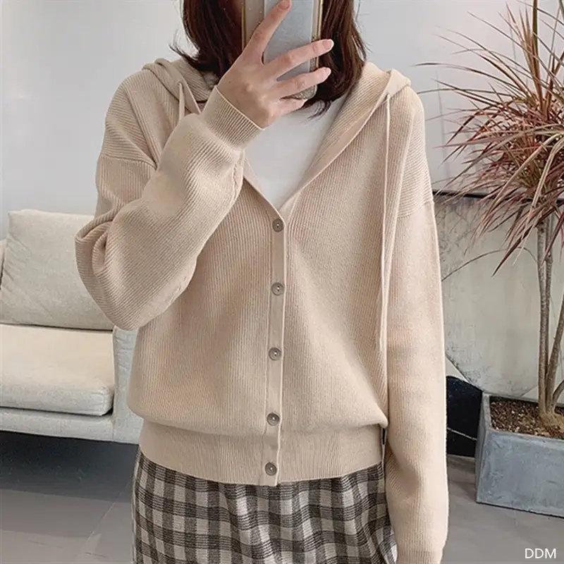Women's Brown Knitted Hooded Cardigan Coat 2022 Autumn - Image 4