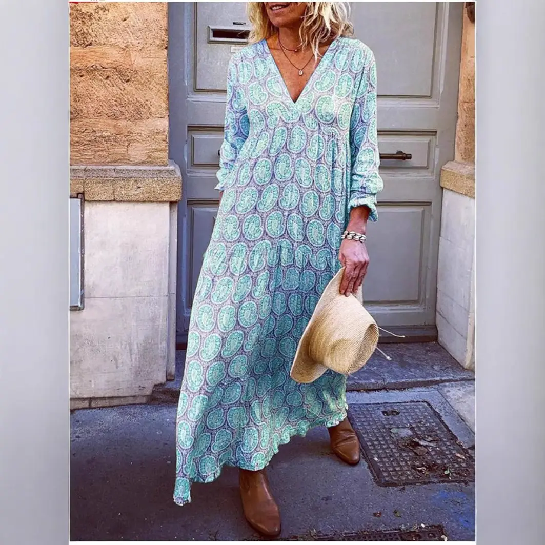 2024 Printed V Neck Long Sleeve Dress - Image 7