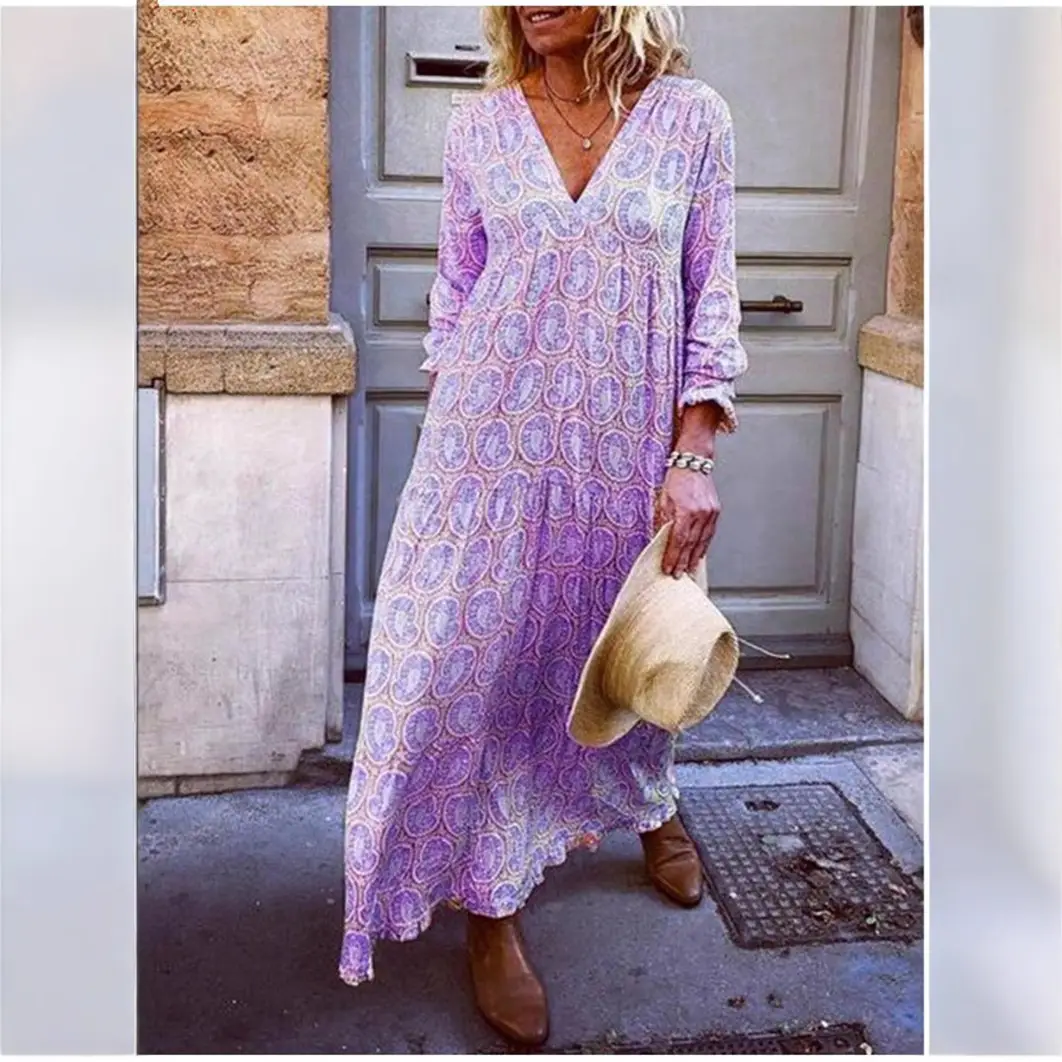 2024 Printed V Neck Long Sleeve Dress - Image 8