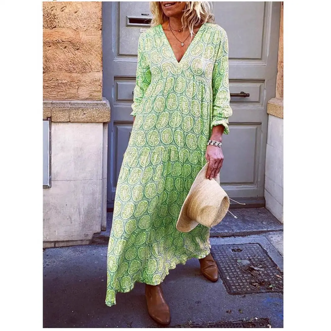 2024 Printed V Neck Long Sleeve Dress - Image 9