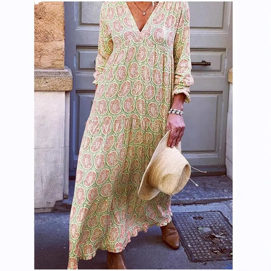 2024 Printed V Neck Long Sleeve Dress - Image 10