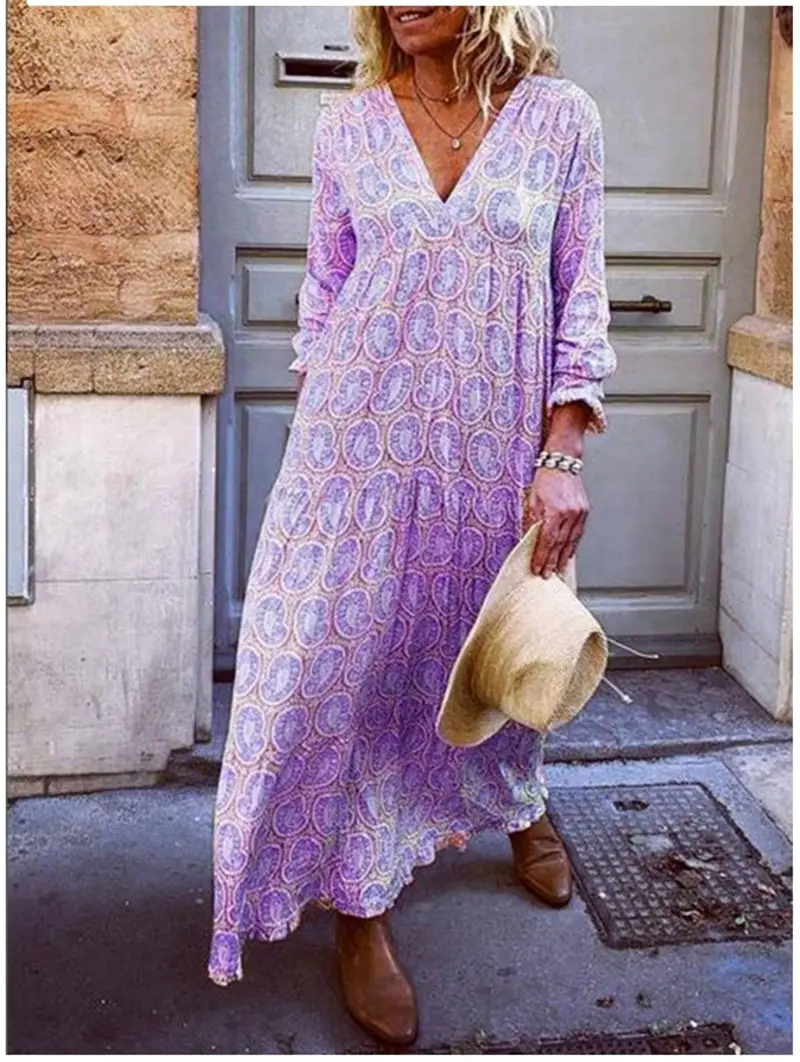 2024 Printed V Neck Long Sleeve Dress - Image 2