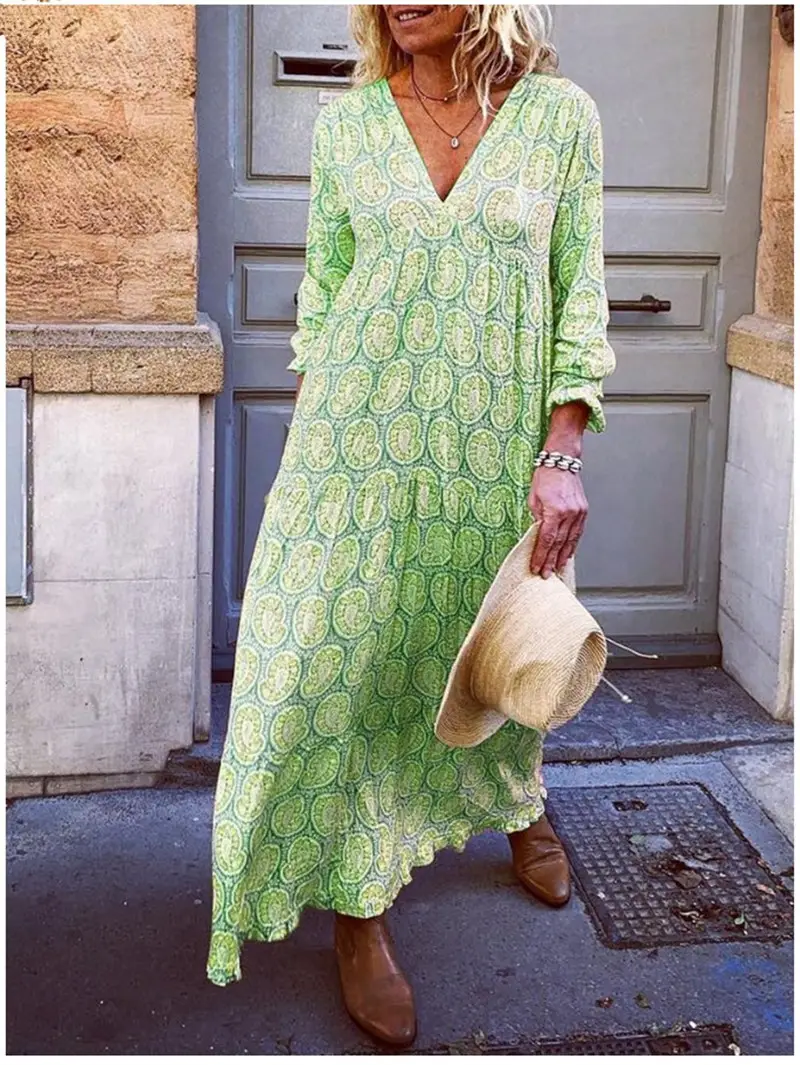2024 Printed V Neck Long Sleeve Dress - Image 3