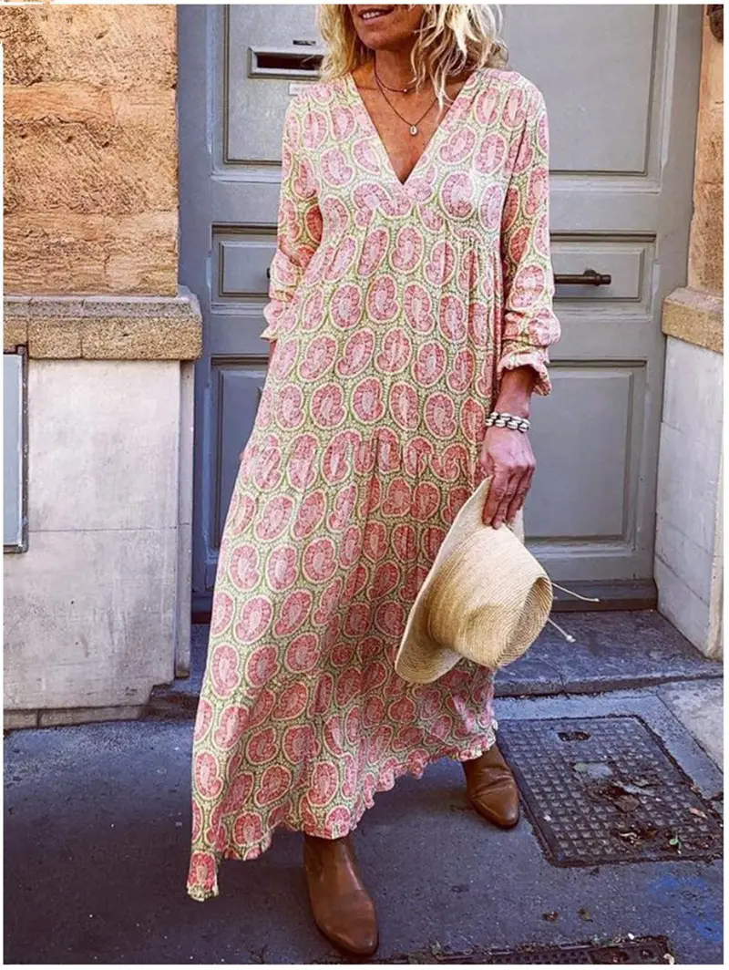 2024 Printed V Neck Long Sleeve Dress - Image 5