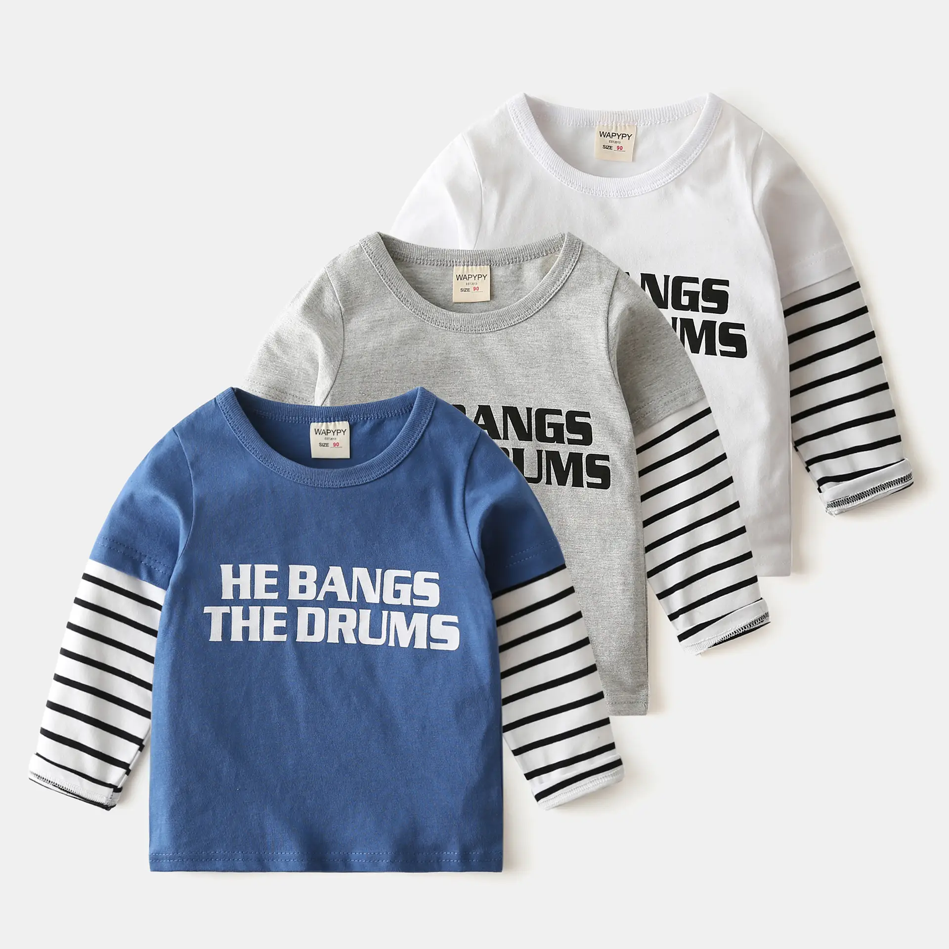 White Kids Long Sleeve T-Shirt with "He Bangs The Drums" Print