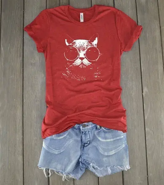 Gray Cat Print T-Shirt with Denim Shorts Set - Image 5