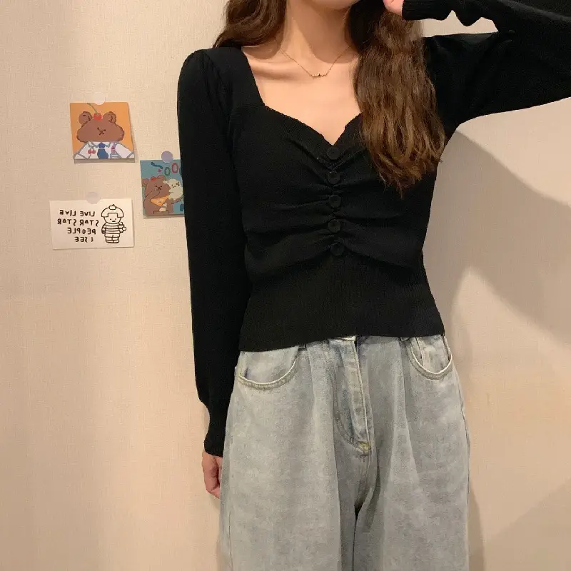 Women Button V Neck Knit Top Long Sleeve Rose