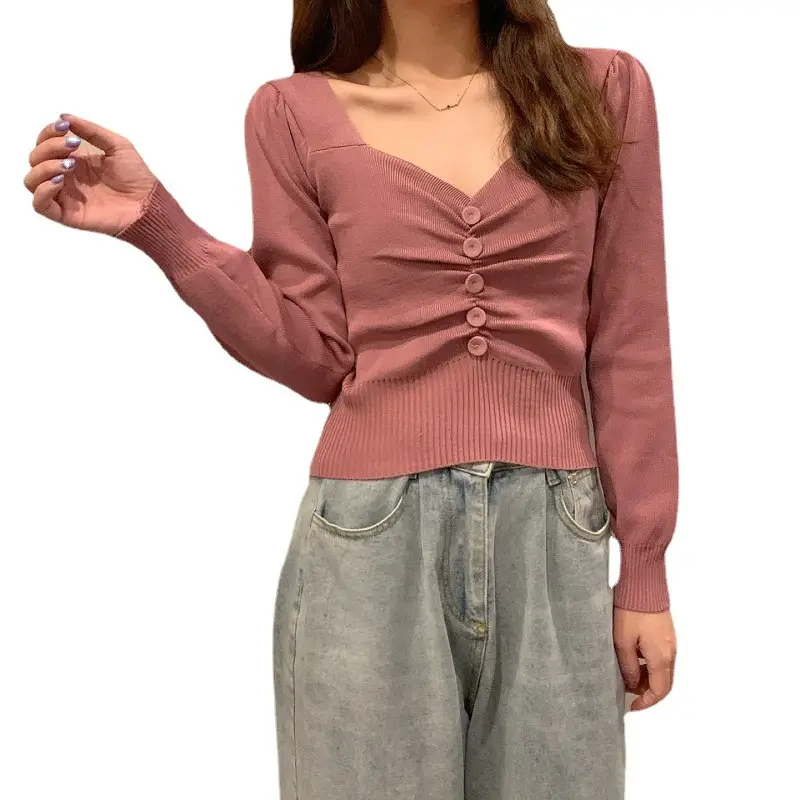 Women Button V Neck Knit Top Long Sleeve Rose