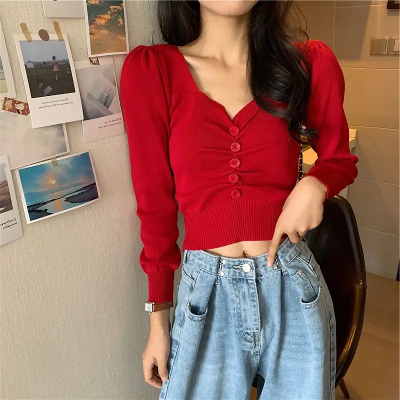 Women Button V Neck Knit Top Long Sleeve Rose