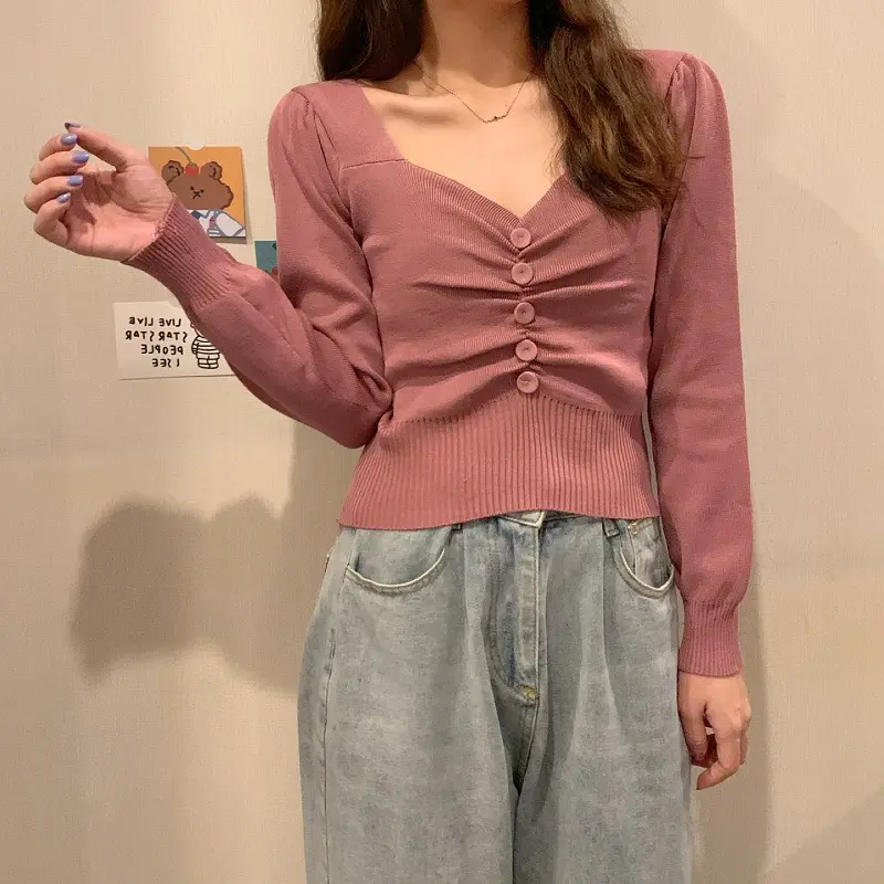 Women Button V Neck Knit Top Long Sleeve Rose
