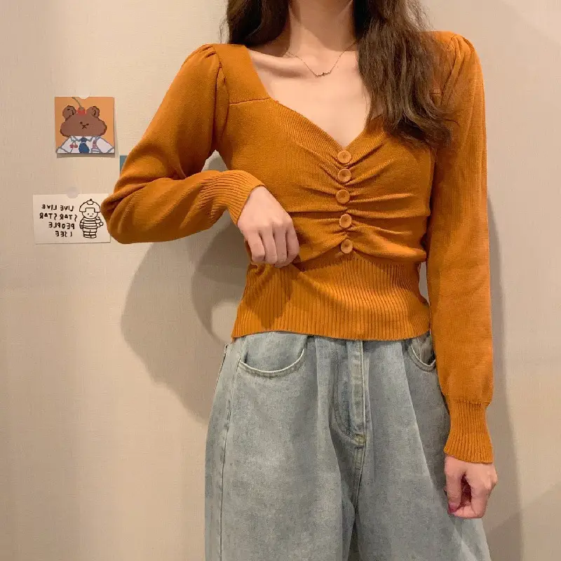 Women Button V Neck Knit Top Long Sleeve Rose