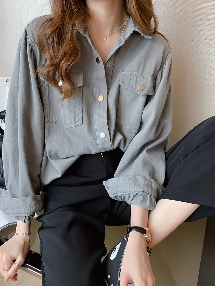Women Grey Button-Down Shirt 2021 Spring New - Image 2