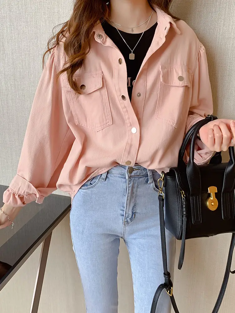 Women Grey Button-Down Shirt 2021 Spring New - Image 3