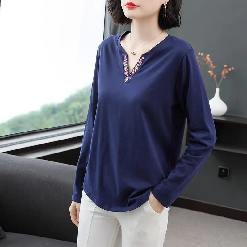 Women Long Sleeve V-Neck T-Shirt Navy Blue - Image 7