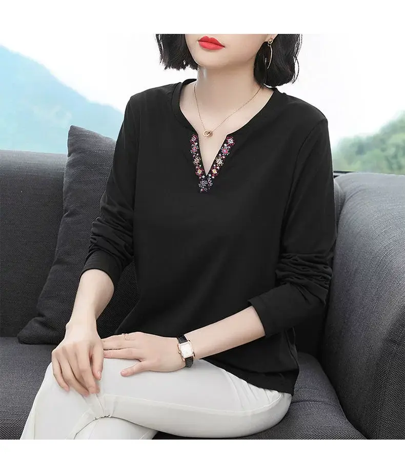 Women Long Sleeve V-Neck T-Shirt Navy Blue — feature 10