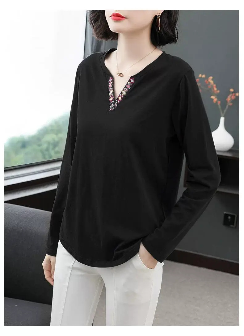 Women Long Sleeve V-Neck T-Shirt Navy Blue — feature 11