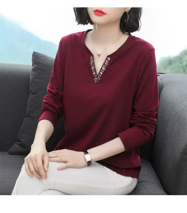 Women Long Sleeve V-Neck T-Shirt Navy Blue — feature 12