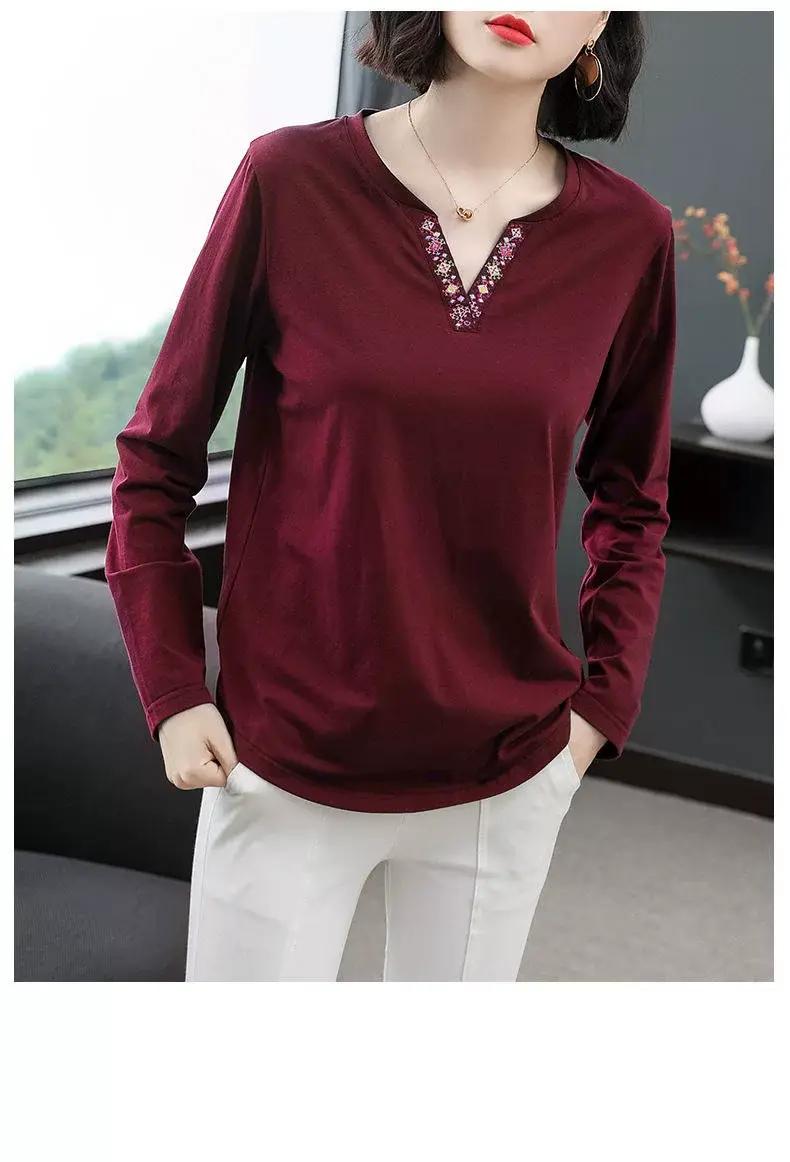 Women Long Sleeve V-Neck T-Shirt Navy Blue — feature 13