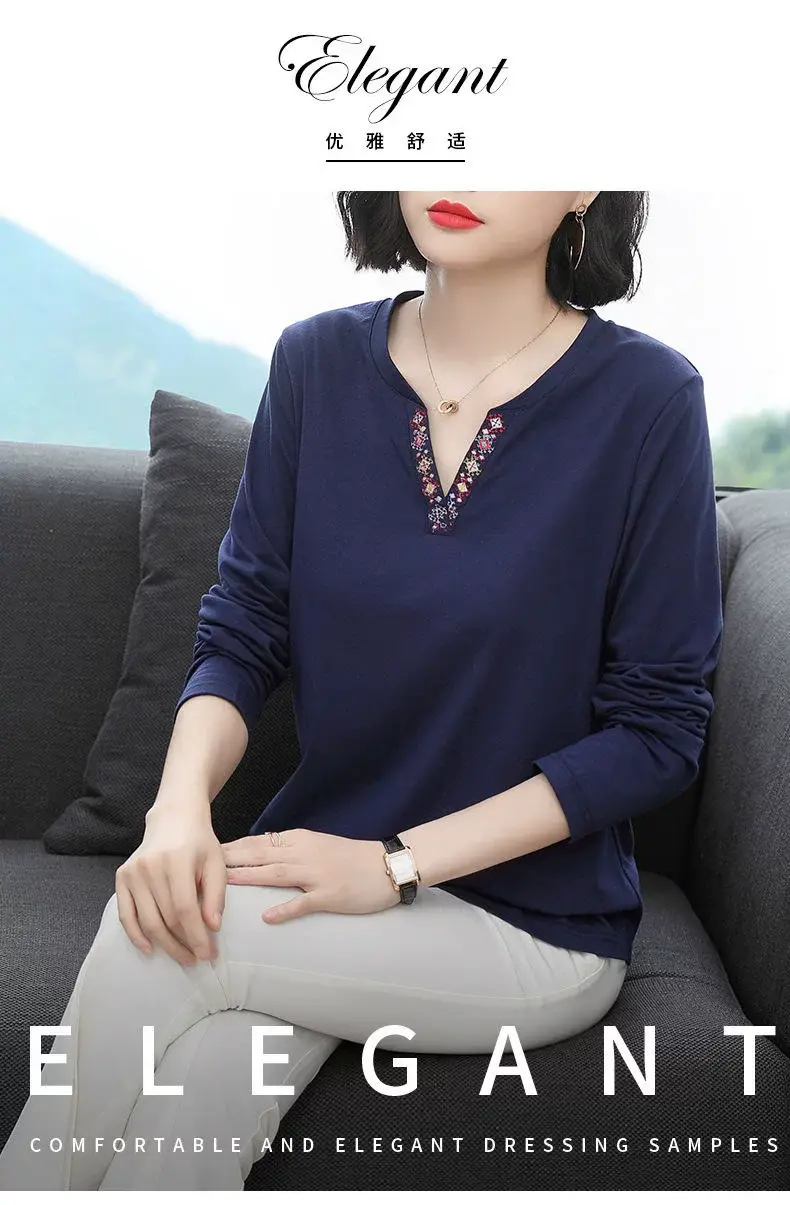 Women Long Sleeve V-Neck T-Shirt Navy Blue — feature 2