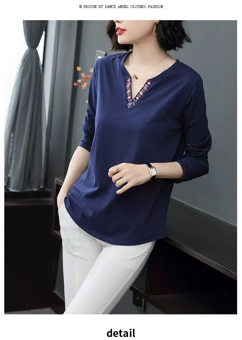 Women Long Sleeve V-Neck T-Shirt Navy Blue — feature 7