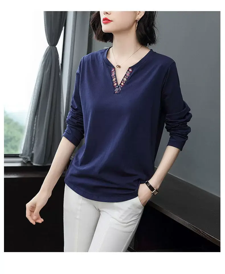 Women Long Sleeve V-Neck T-Shirt Navy Blue — feature 8