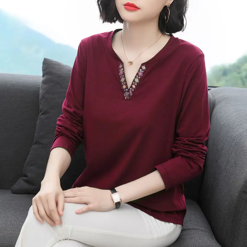 Women Long Sleeve V-Neck T-Shirt Navy Blue - Image 2