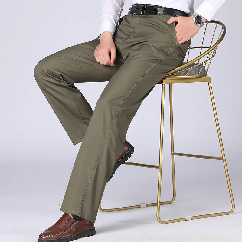 Middle-aged Men Cotton Pants Olive Green Loose Fit