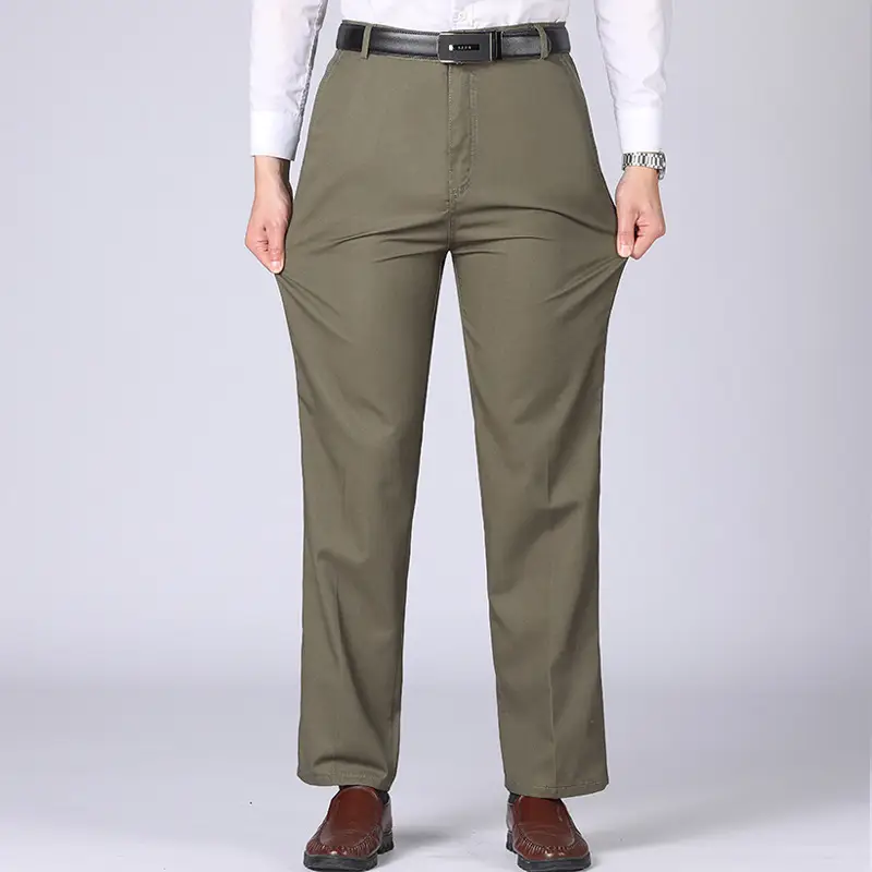 Middle-aged Men Cotton Pants Olive Green Loose Fit