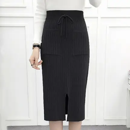 High Waist Knitted Skirt Mid-length Split - Image 2