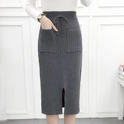 High Waist Knitted Skirt Mid-length Split - Image 3