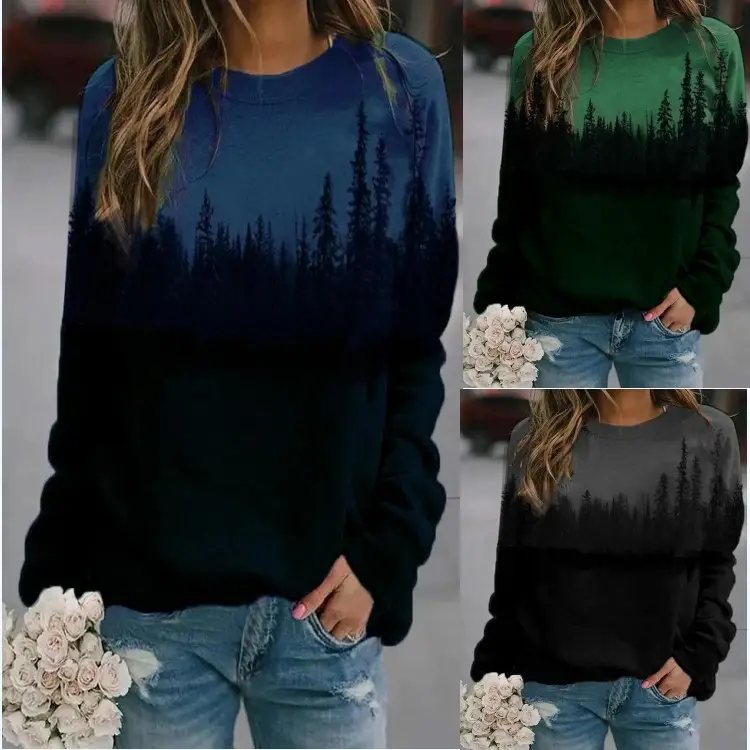 Women Green Forest Print Fleece Sweatshirt Long Sleeve - Image 4