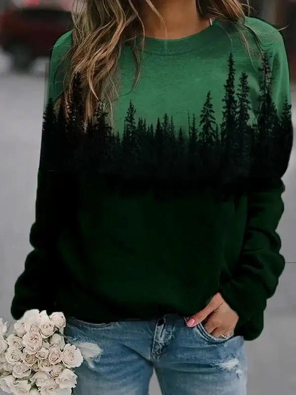 Women Green Forest Print Fleece Sweatshirt Long Sleeve - Image 5