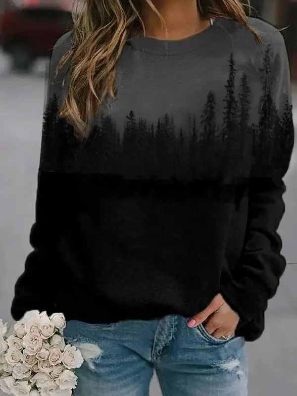 Women Green Forest Print Fleece Sweatshirt Long Sleeve - Image 6
