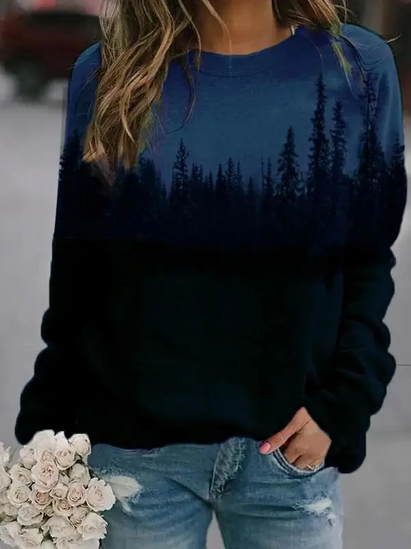 Women Green Forest Print Fleece Sweatshirt Long Sleeve - Image 7