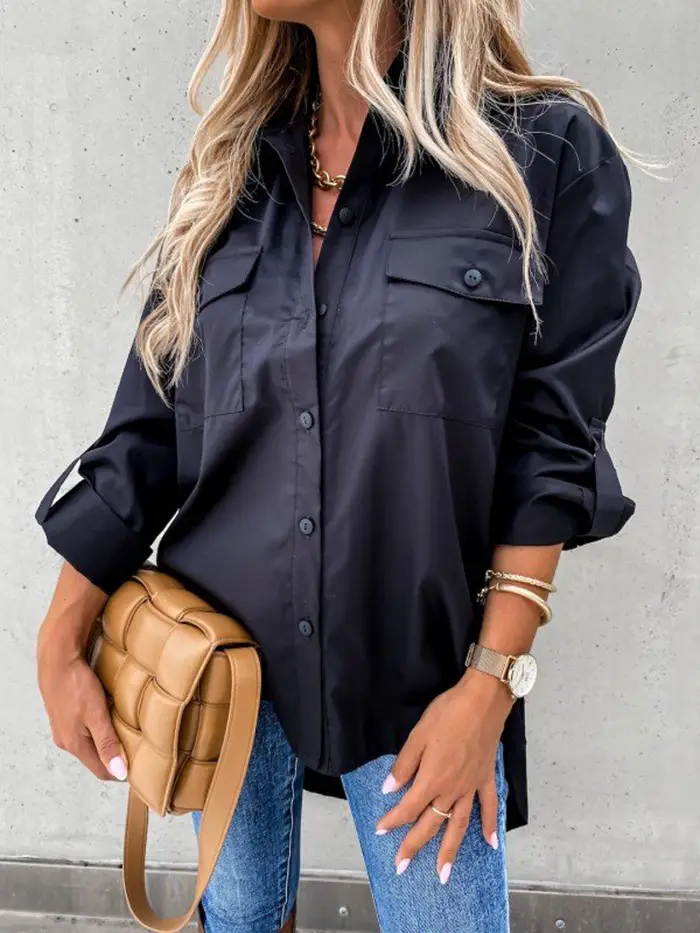 Black Long Sleeve Lapel Shirt Top for Women - Image 2